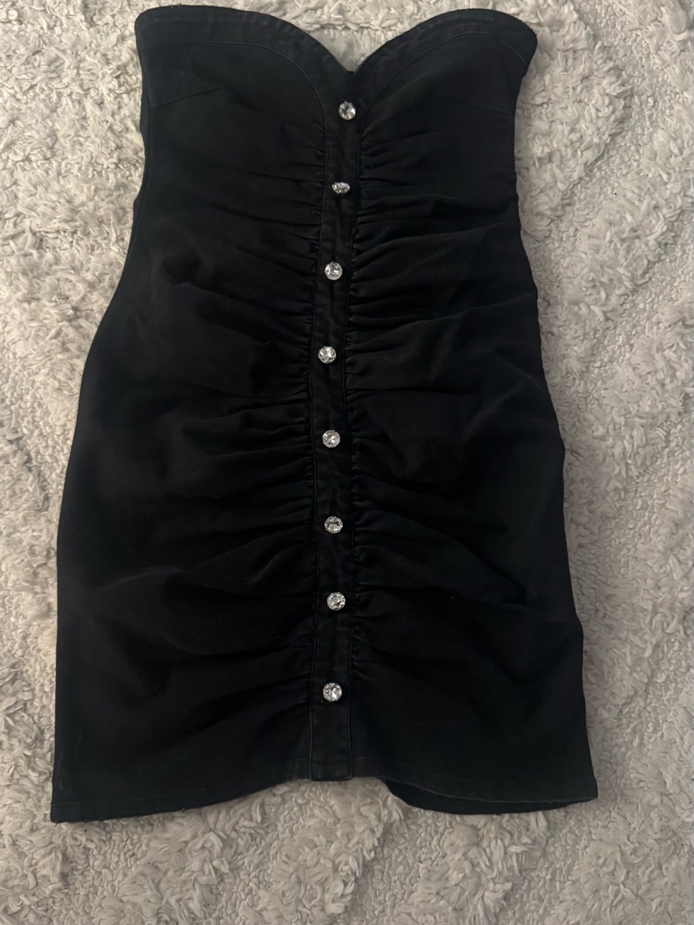 Retrofete Black Strapless Ruched Mini Dress with Crystal Buttons